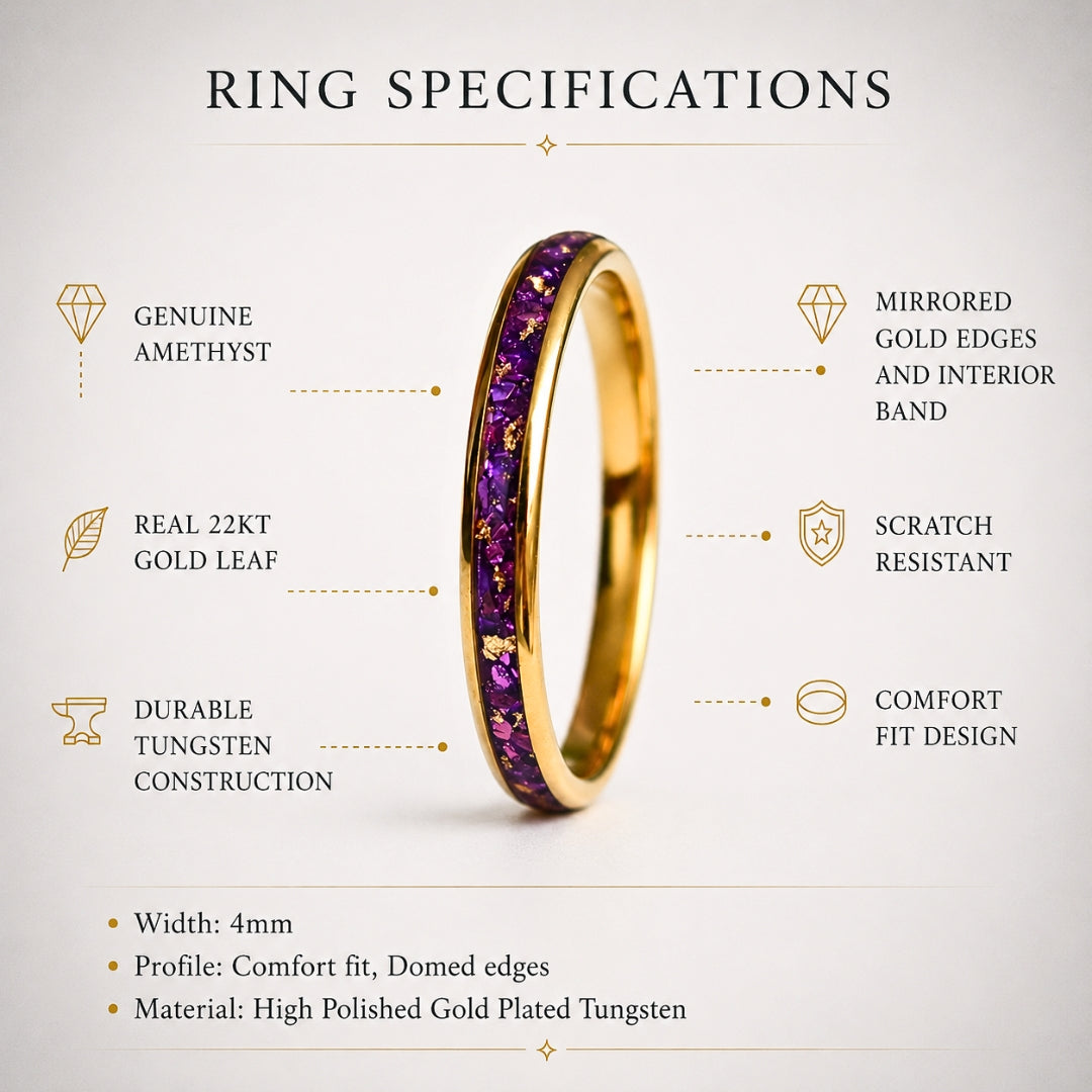 Tungsten 4mm Gold Ring with Amethyst & Gold Leaf Inlay