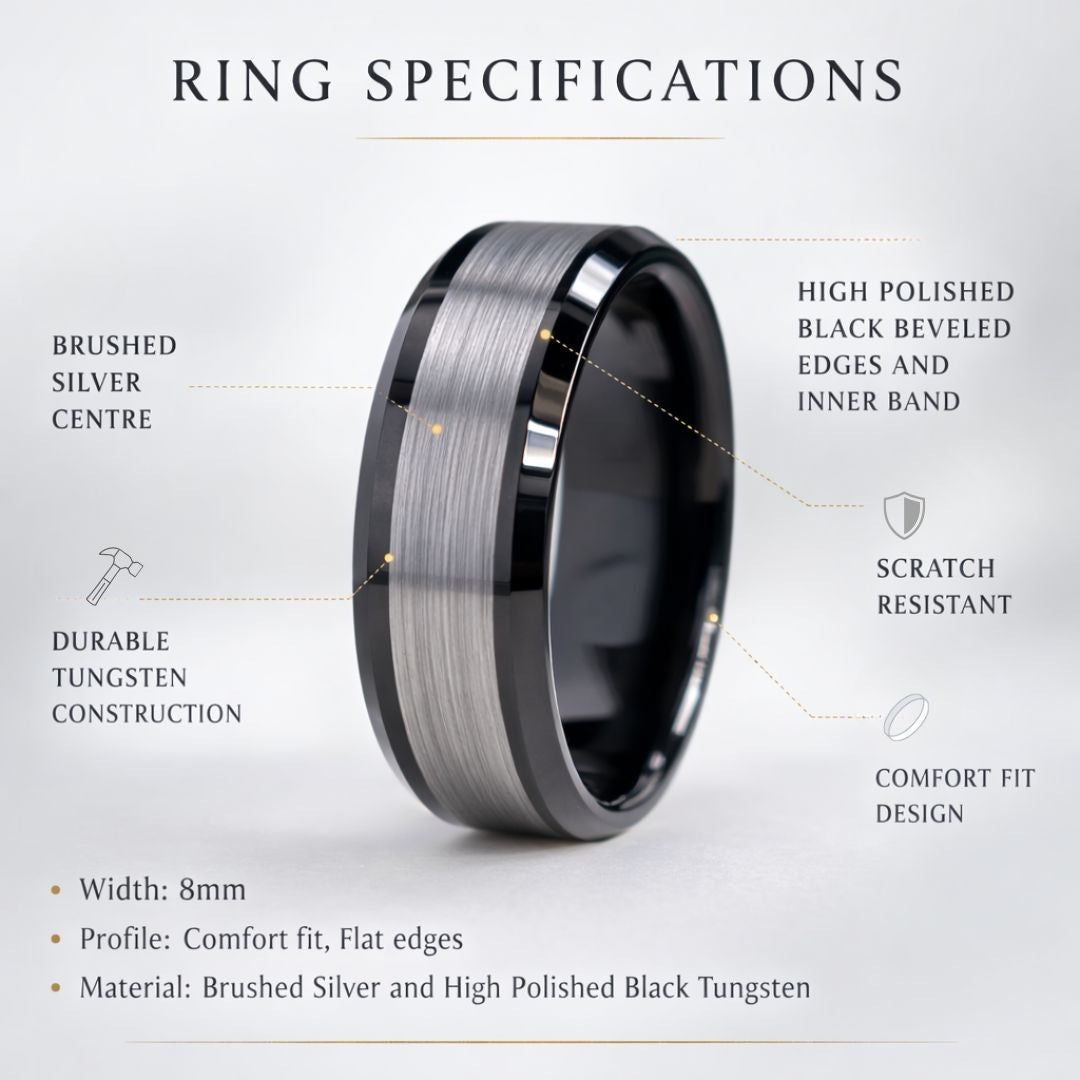 Tungsten 8mm Ring Black with Brushed Silver Center - Tungsten Titans
