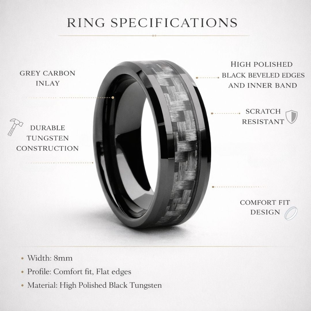 Black 8mm Tungsten Ring with Grey Carbon Centre - Tungsten Titans