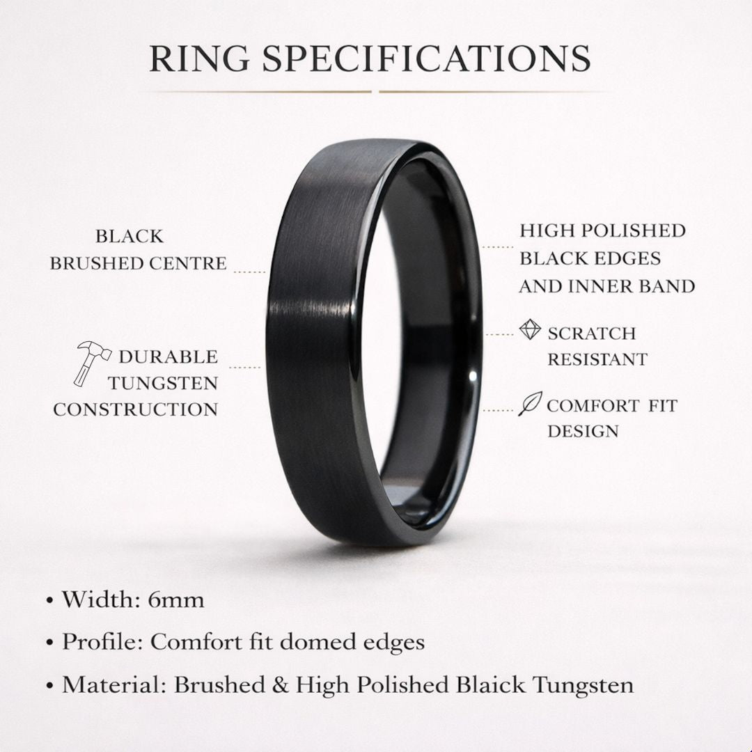 Black Brushed Tungsten 6mm Ring with Black Polished Inner Band - Tungsten Titans