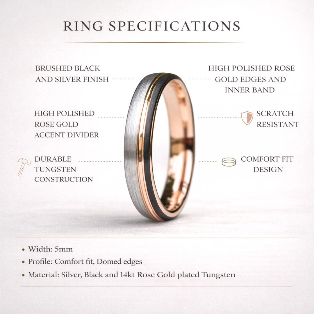 Domed 5mm Tungsten Ring Black and Silver Brushed with Rose Gold Accent - Tungsten Titans