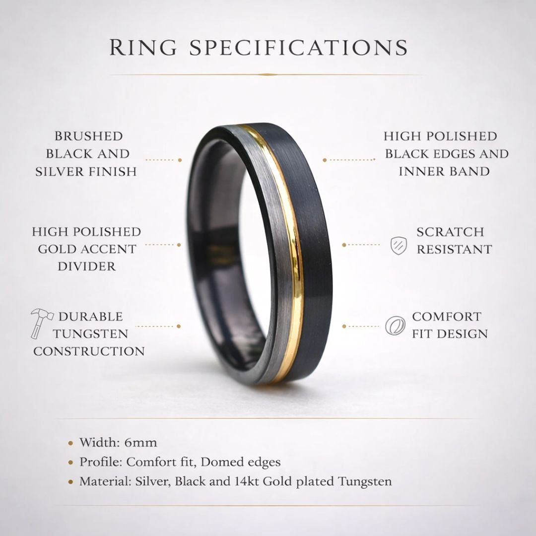 Tungsten 6mm Ring Black and Silver Brushed with Gold Accent - Tungsten Titans