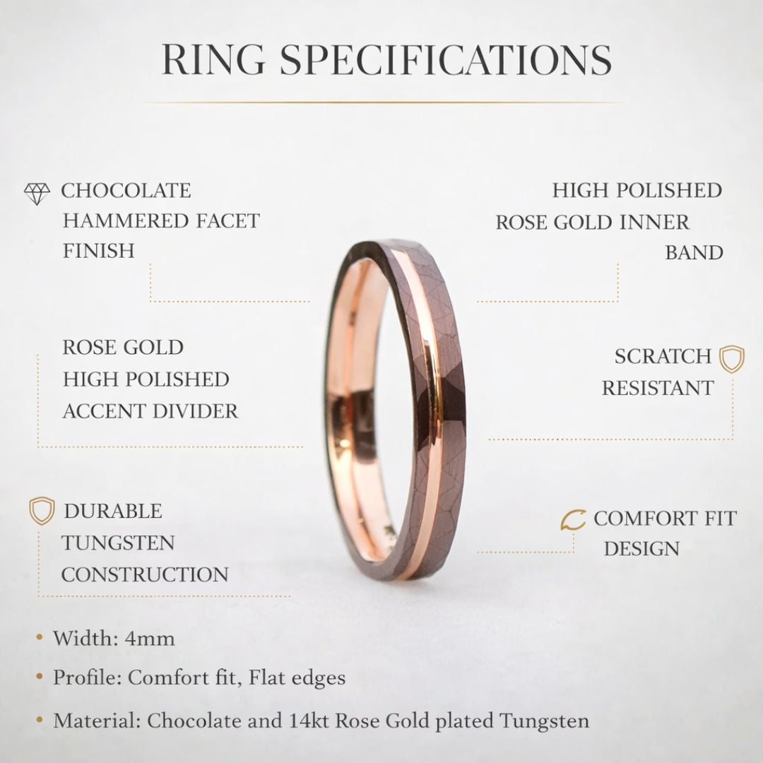 Hammered 4mm Chocolate Tungsten Ring with Rose Gold Accent - Tungsten Titans