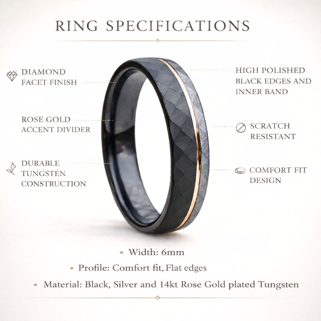 Hammered 6mm Tungsten Ring Black and Silver Brushed with Rose Gold Accent - Tungsten Titans