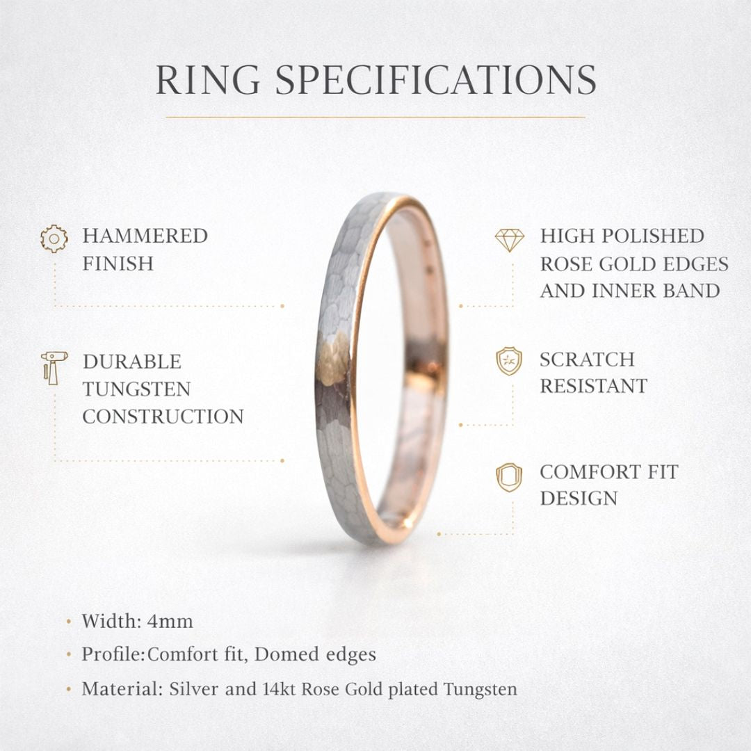 Hammered Tungsten 4mm Ring with Rose Gold band - Tungsten Titans