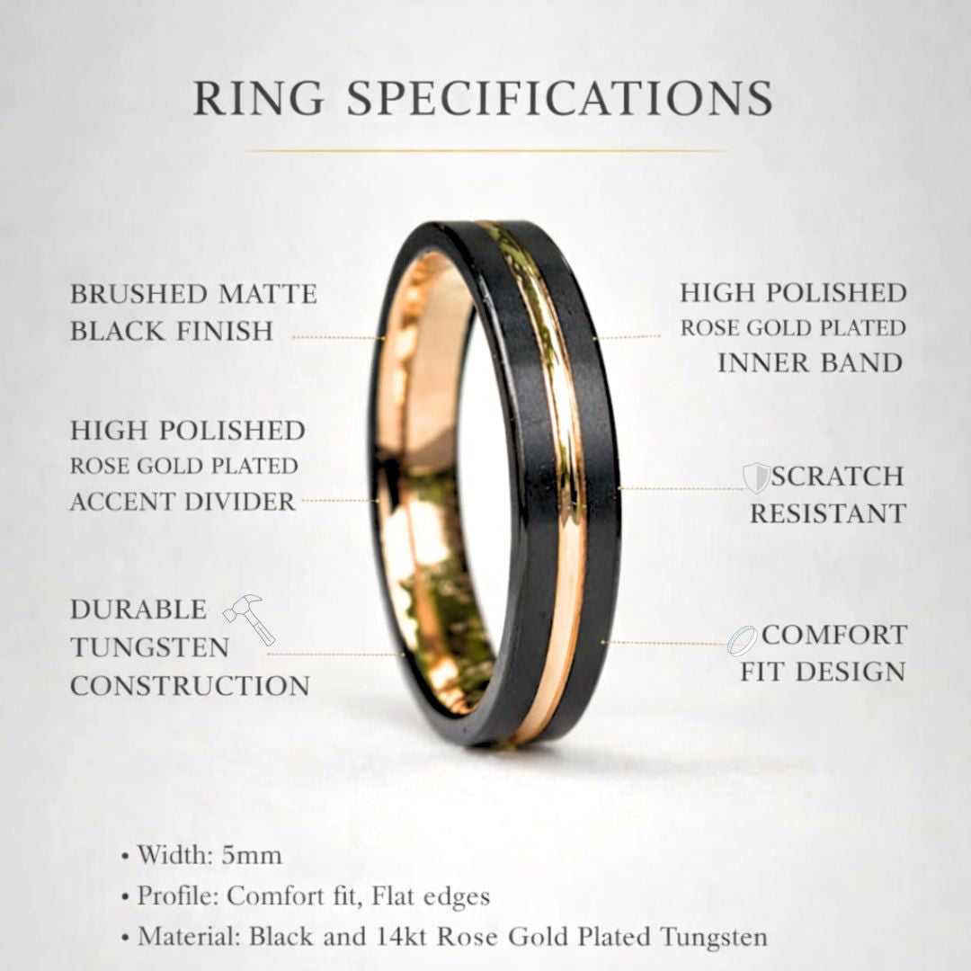Black Tungsten 5mm Ring with Rose Gold Center - Tungsten Titans