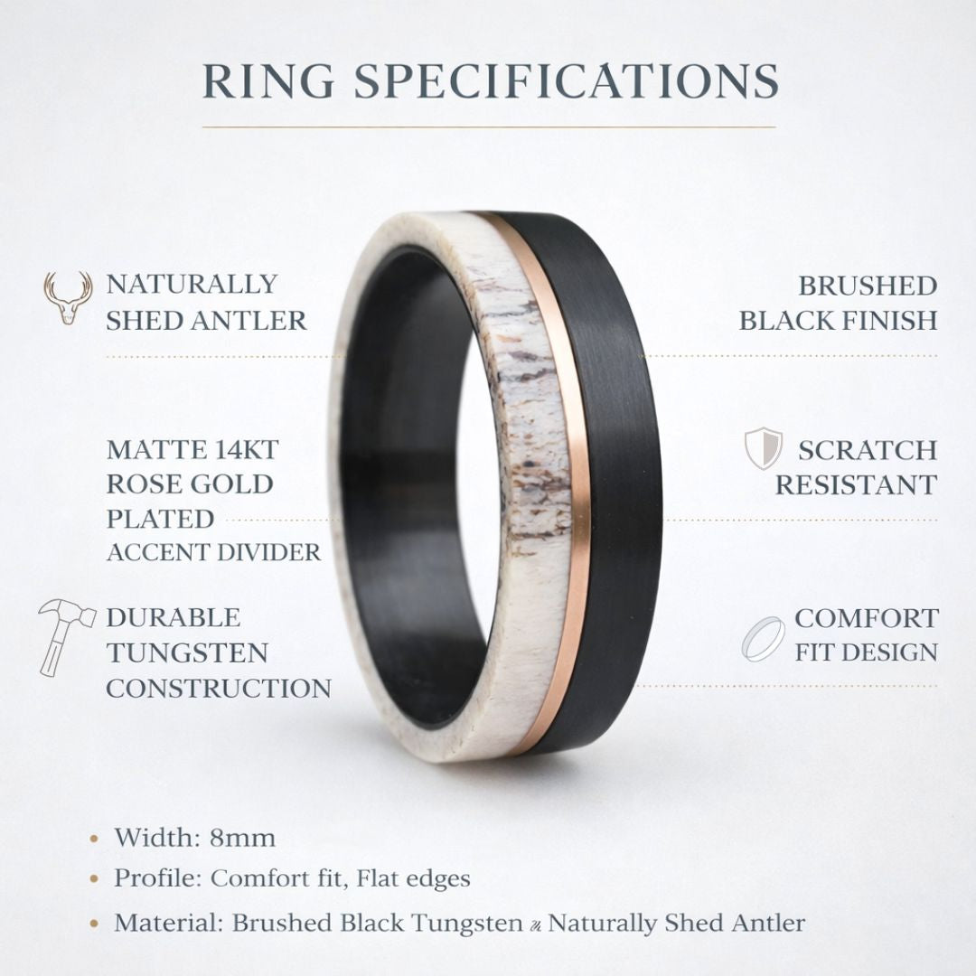Deer Antler and Brushed Black 8mm Tungsten Ring with Rose Gold Center - Tungsten Titans