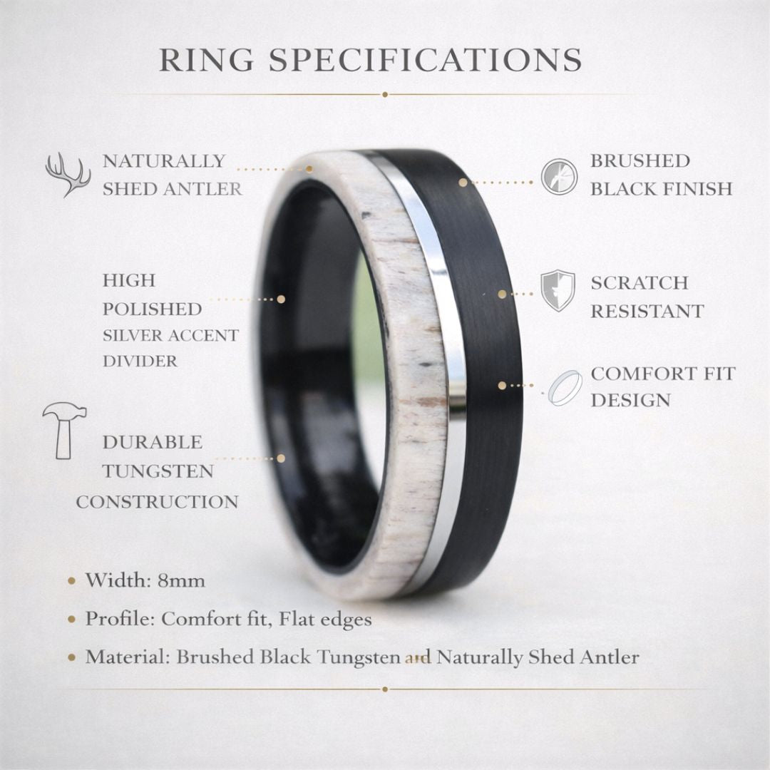 Deer Antler and Brushed Black Tungsten Ring with Polished Silver Tungsten Center - Tungsten Titans