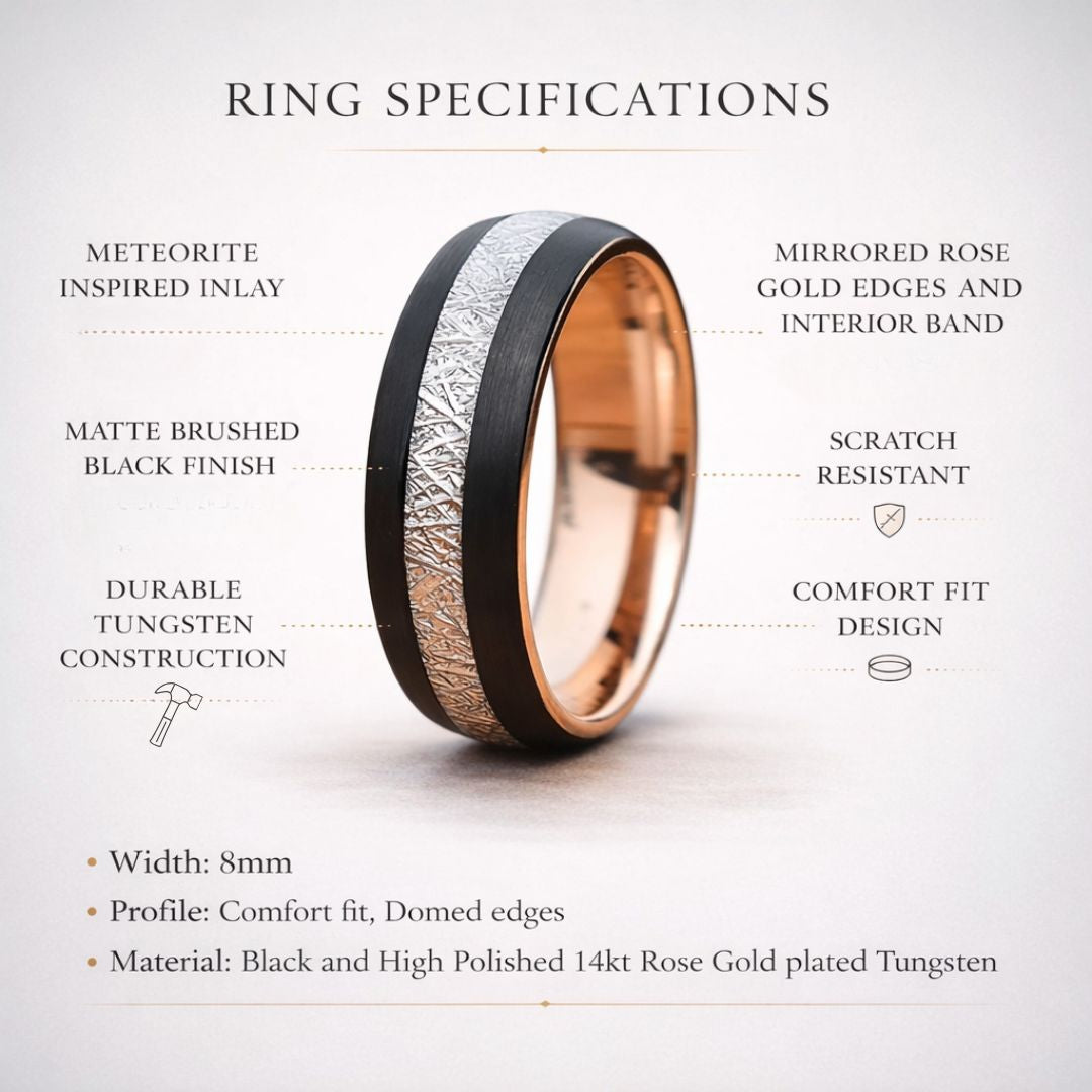 Tungsten 8mm Ring Black with Meteorite and Rose Gold Inner Band - Tungsten Titans