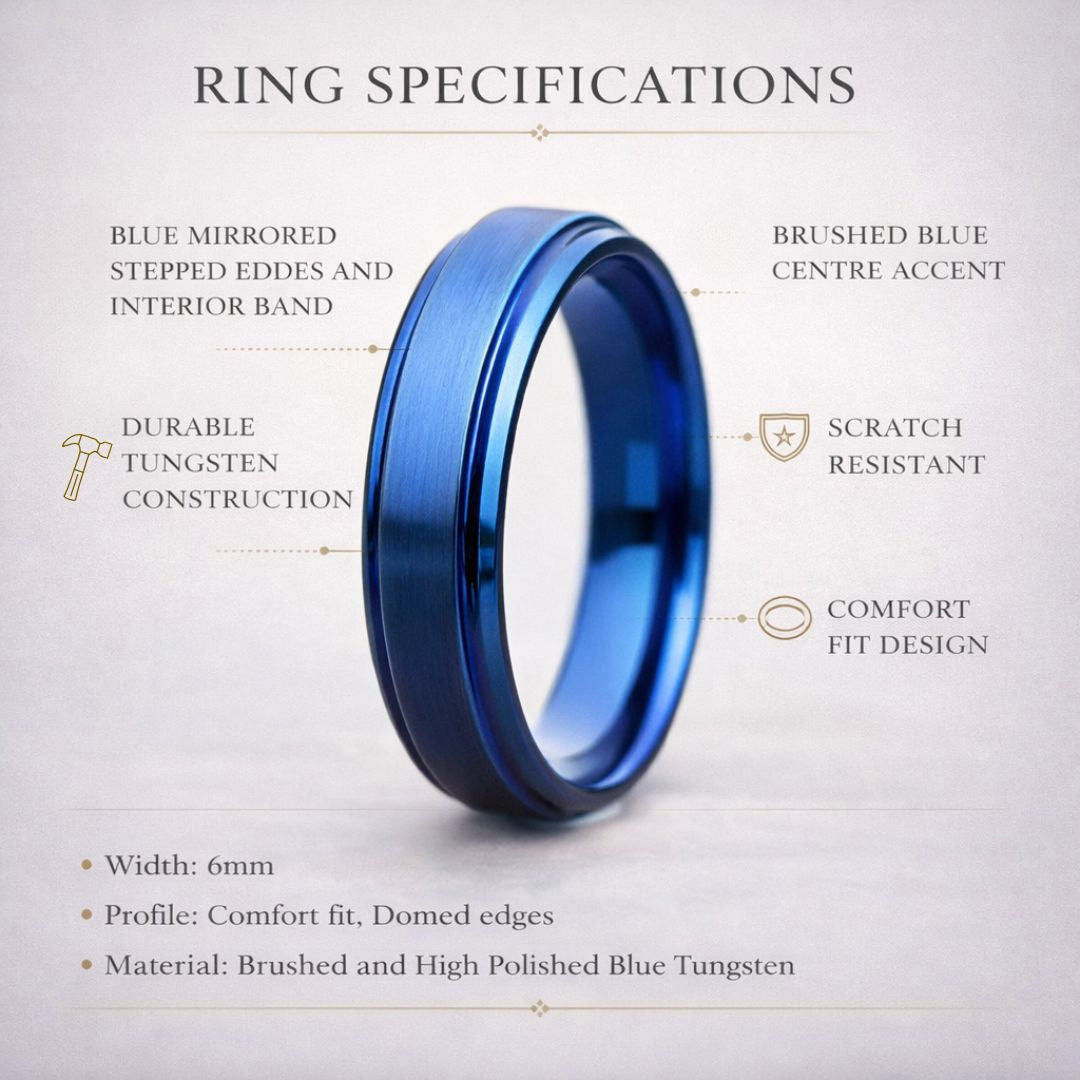 Tungsten Ring Blue 6mm Brushed Center with a Deep Stepped Edge - Tungsten Titans