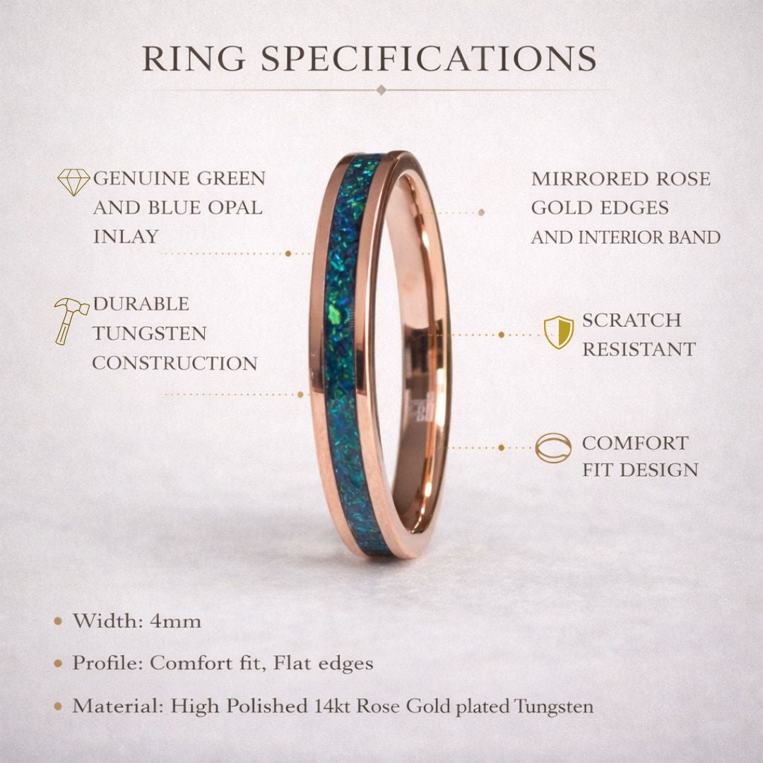 Tungsten 4mm Rose Gold Ring Crushed Green and Blue Opal Wedding Band - Tungsten Titans