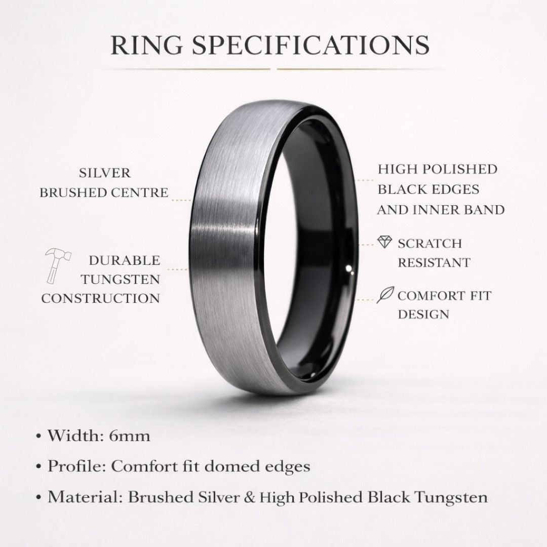 Tungsten 6mm Ring Brushed Silver with Black Comfort fit band - Tungsten Titans