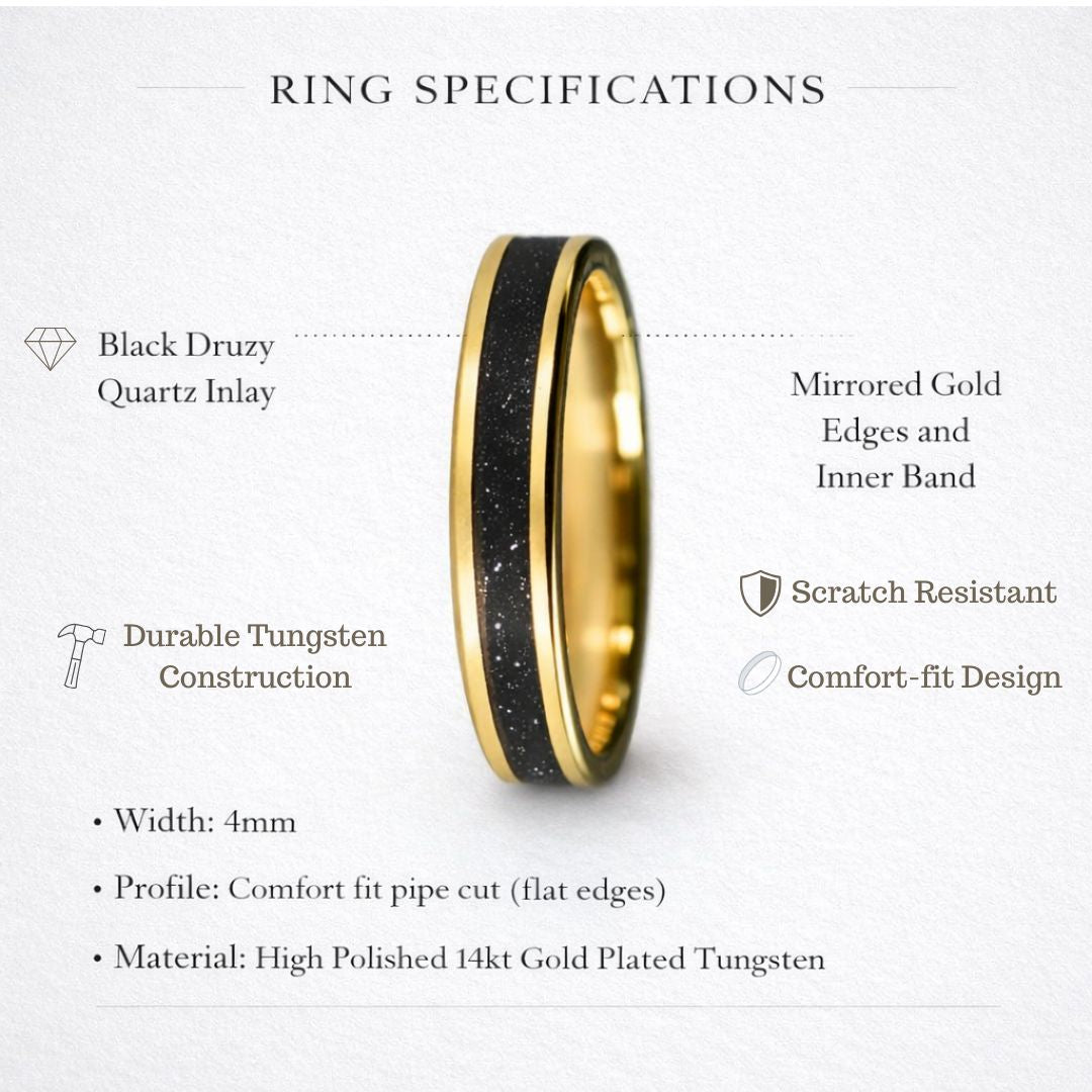 Tungsten Yellow Gold Ring Black Druzy Quartz Wedding Band - Tungsten Titans