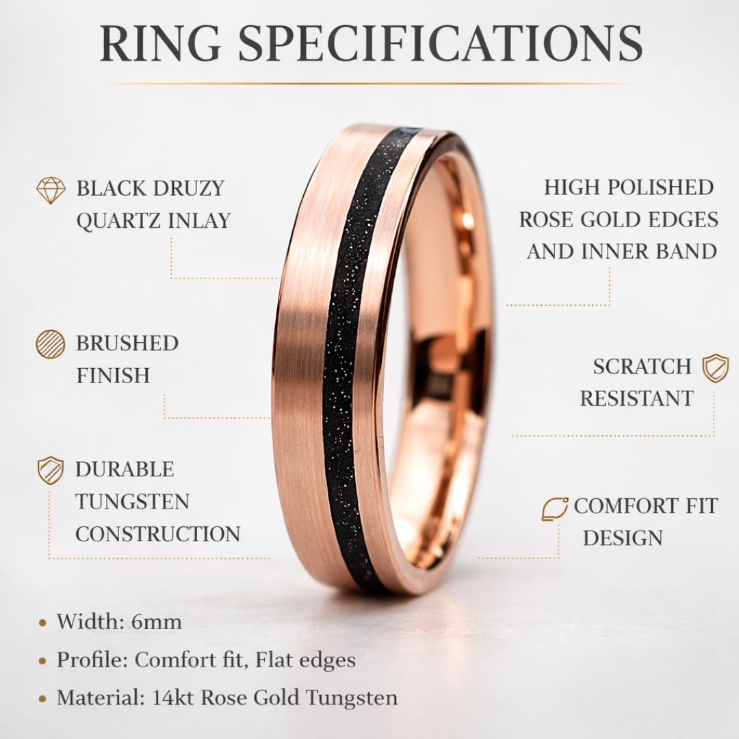 Tungsten Rose Gold 6mm Ring Black Druzy Quartz Wedding Band - Tungsten Titans