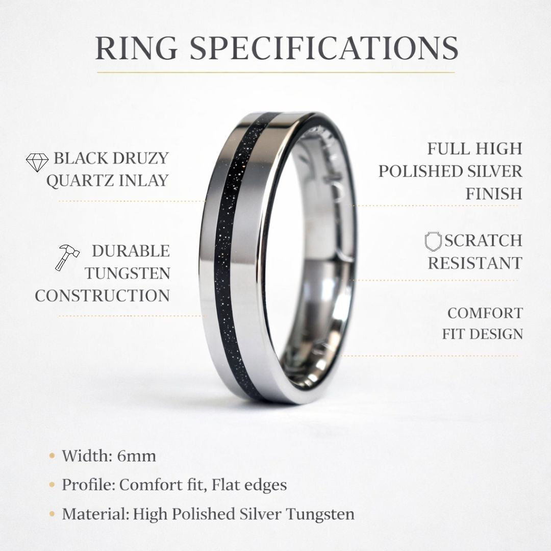 Tungsten 6mm Ring Black Druzy Quartz Wedding Band - Tungsten Titans