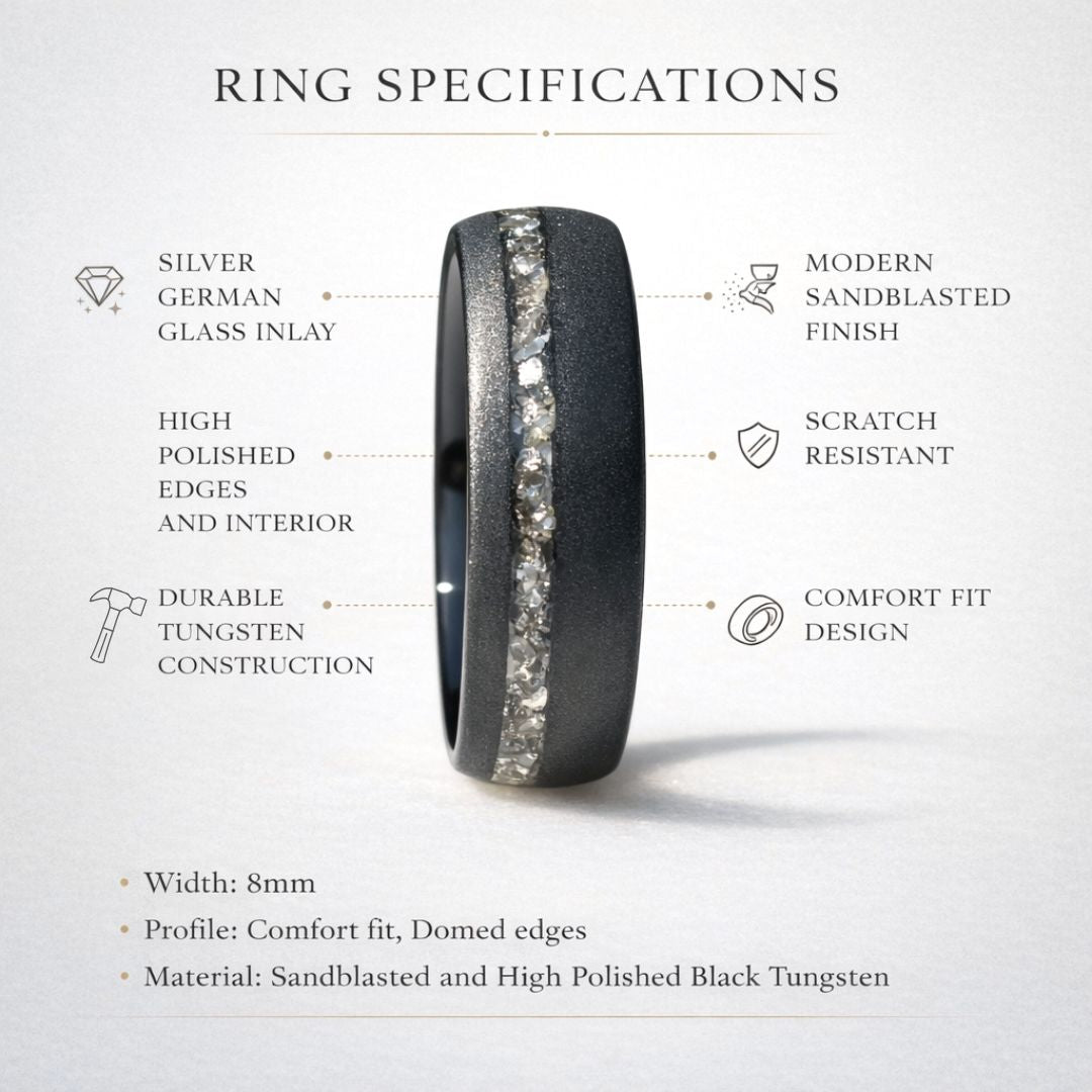 Tungsten 8mm Ring Black Sandblasted with German Silver Glass - Tungsten Titans