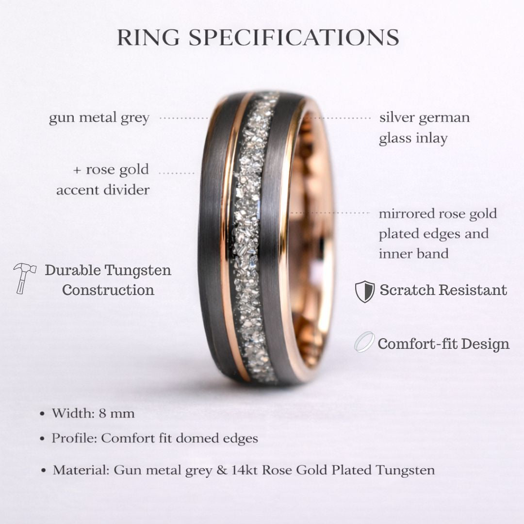 Tungsten 8mm Ring Grey with Rose Gold Accent and German Glass - Tungsten Titans