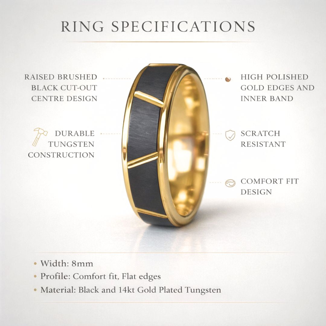 Tungsten 8mm Ring Gold With Raised Black Center Design - Tungsten Titans