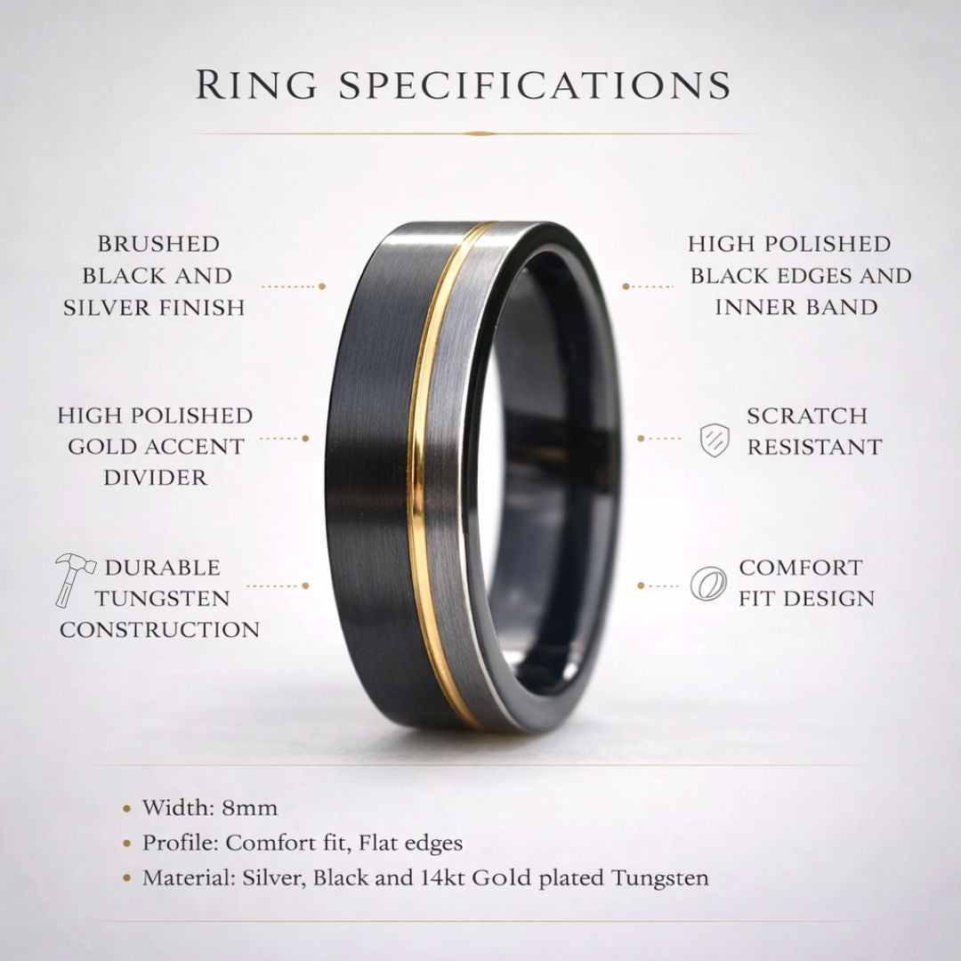 Tungsten 8mm Ring Black and Silver Brushed with Gold Accent - Tungsten Titans
