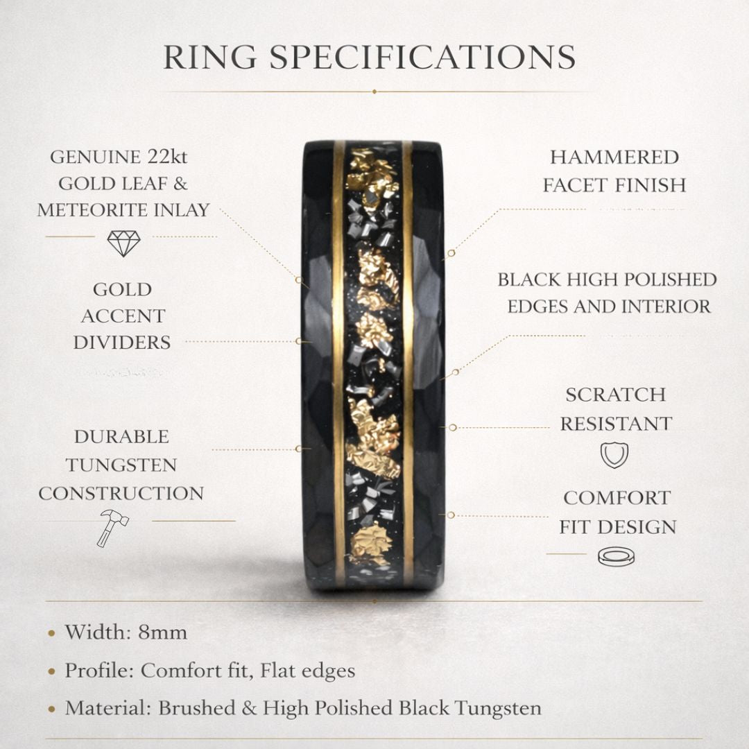 Hammered 8mm Black Tungsten Ring with 22K Gold Leaf and Meteorite Inlay - Tungsten Titans