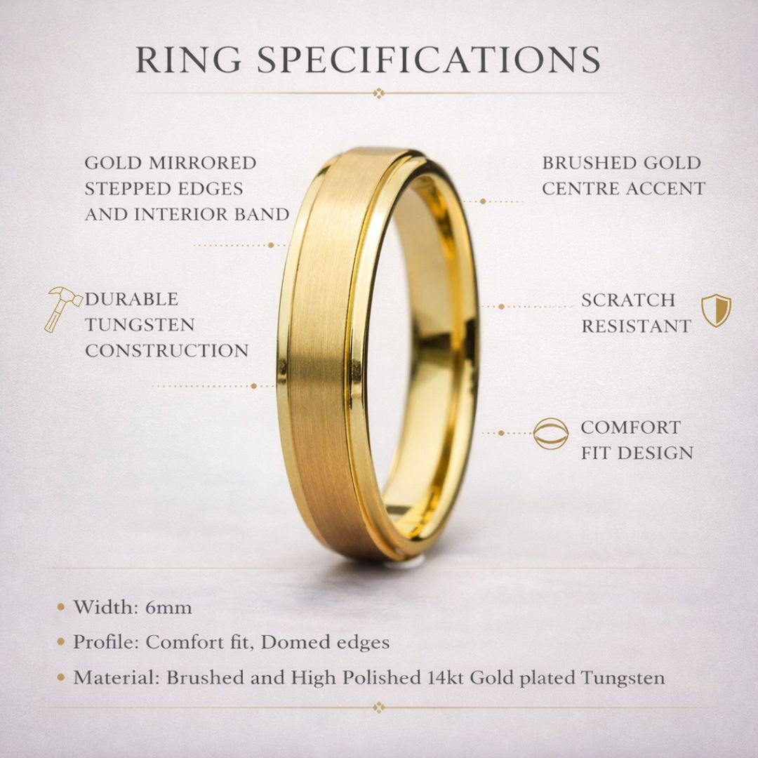 Tungsten 6mm Ring Gold Brushed Centre with a Deep Stepped Edge - Tungsten Titans