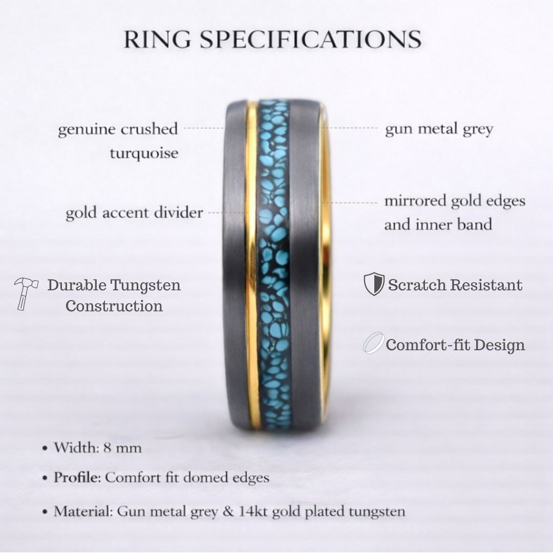 Tungsten 8mm Ring Grey with Gold Accent and Crushed Turquoise - Tungsten Titans