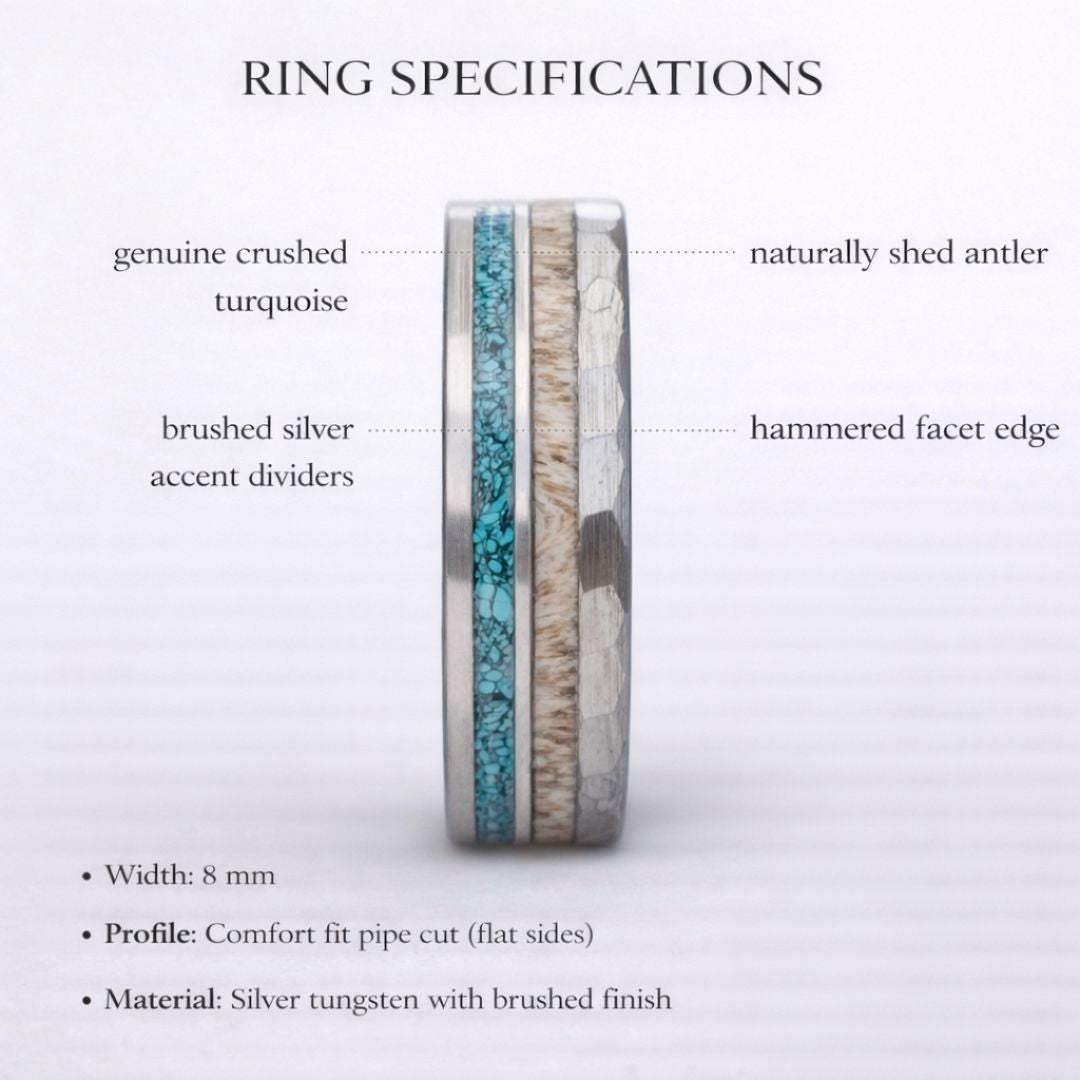 Tungsten 8mm Hammered Ring with Antler and Crushed Turquoise - Tungsten Titans