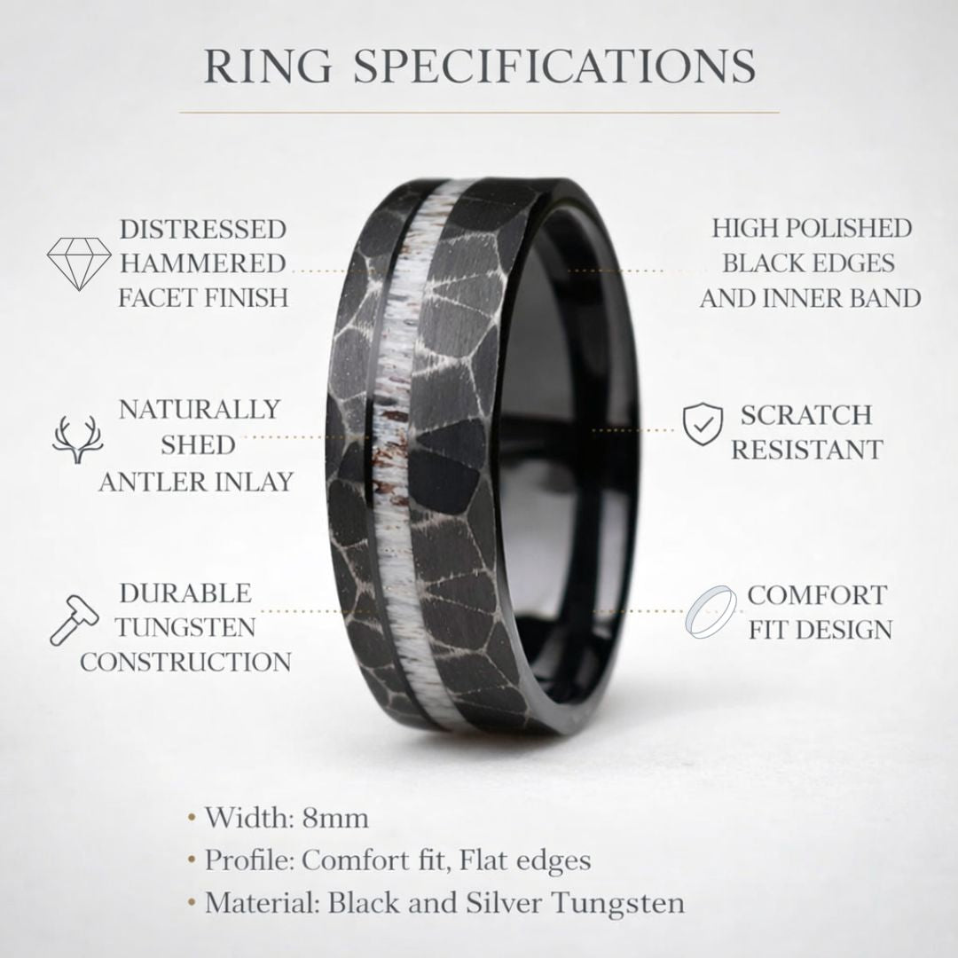 Tungsten 8mm Ring Distressed Black with Deer Antler Inlay - Tungsten Titans