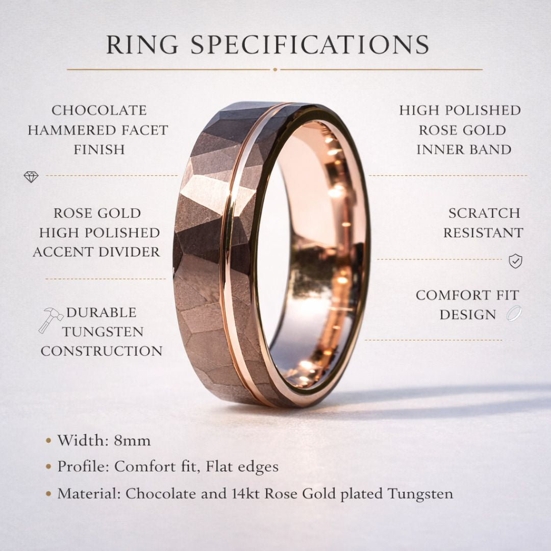 Hammered 8mm Chocolate Tungsten Ring with Rose Gold Accent - Tungsten Titans