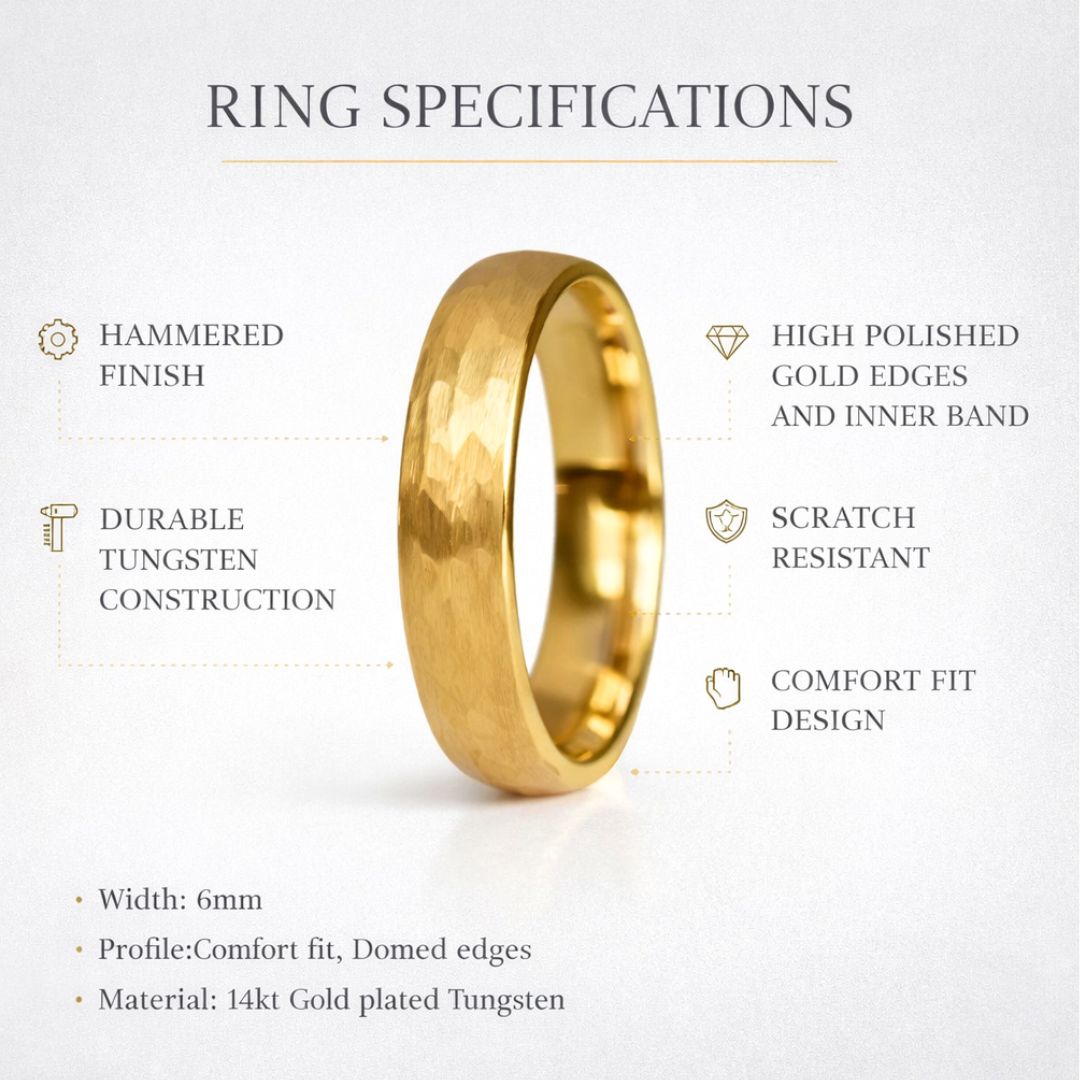 Tungsten 6mm Ring Hammered Gold with Comfort fit band - Tungsten Titans
