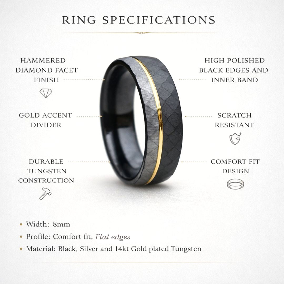 Hammered 8mm Tungsten Ring Black and Silver Brushed with Gold Accent - Tungsten Titans