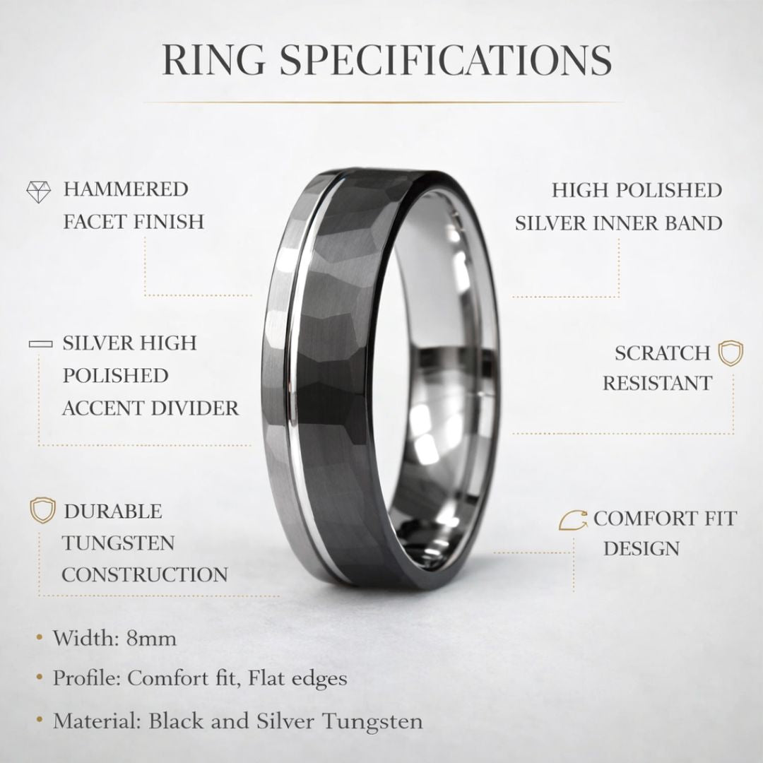 Hammered Tungsten Ring 8mm Black and Silver Brushed with Polished Silver Accent - Tungsten Titans