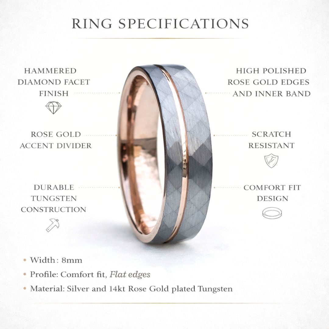 Hammered 8mm Tungsten Ring with Rose Gold Accent - Tungsten Titans