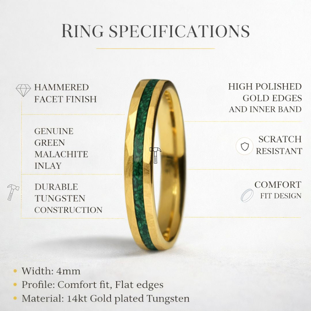 Tungsten 4mm Hammered Gold Ring with Malachite Inlay - Tungsten Titans