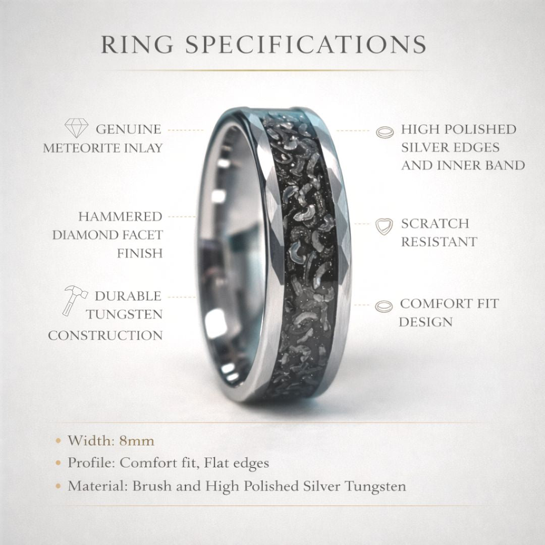 Hammered 8mm Tungsten Ring with Meteorite Inlay - Tungsten Titans