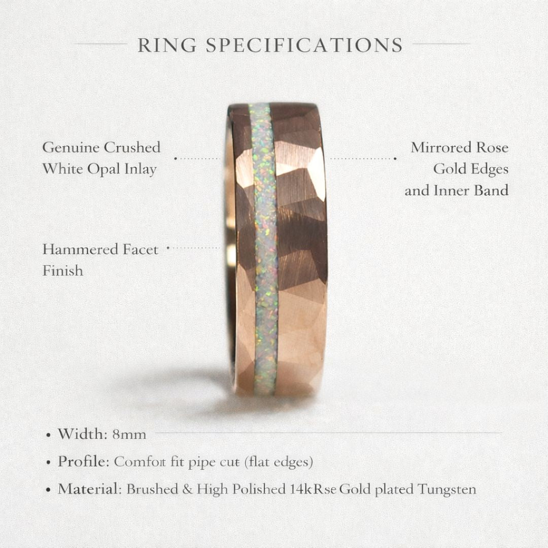 Tungsten 8mm Hammered Rose Gold Ring with Crushed Opal Centre - Tungsten Titans