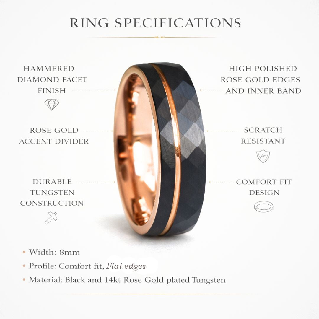 Hammered 8mm Black Tungsten Ring with Rose Gold Accent - Tungsten Titans