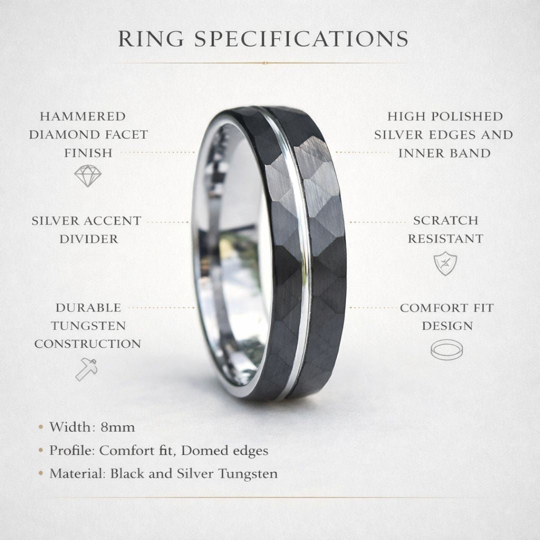 Hammered 8mm Black Tungsten Ring with Silver Accent - Tungsten Titans
