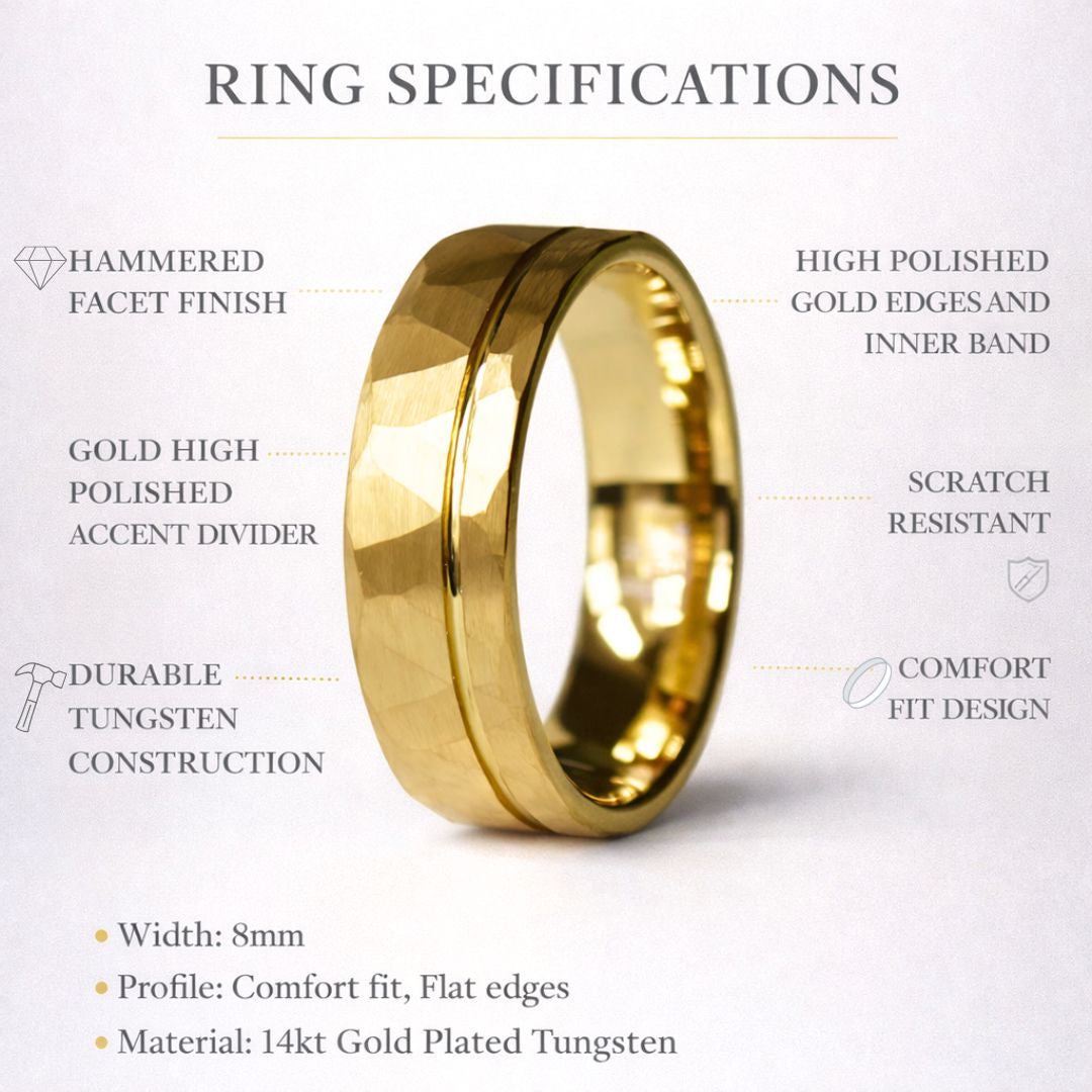 Hammered Tungsten Ring 8mm Gold Brushed with Polished Gold Accent - Tungsten Titans