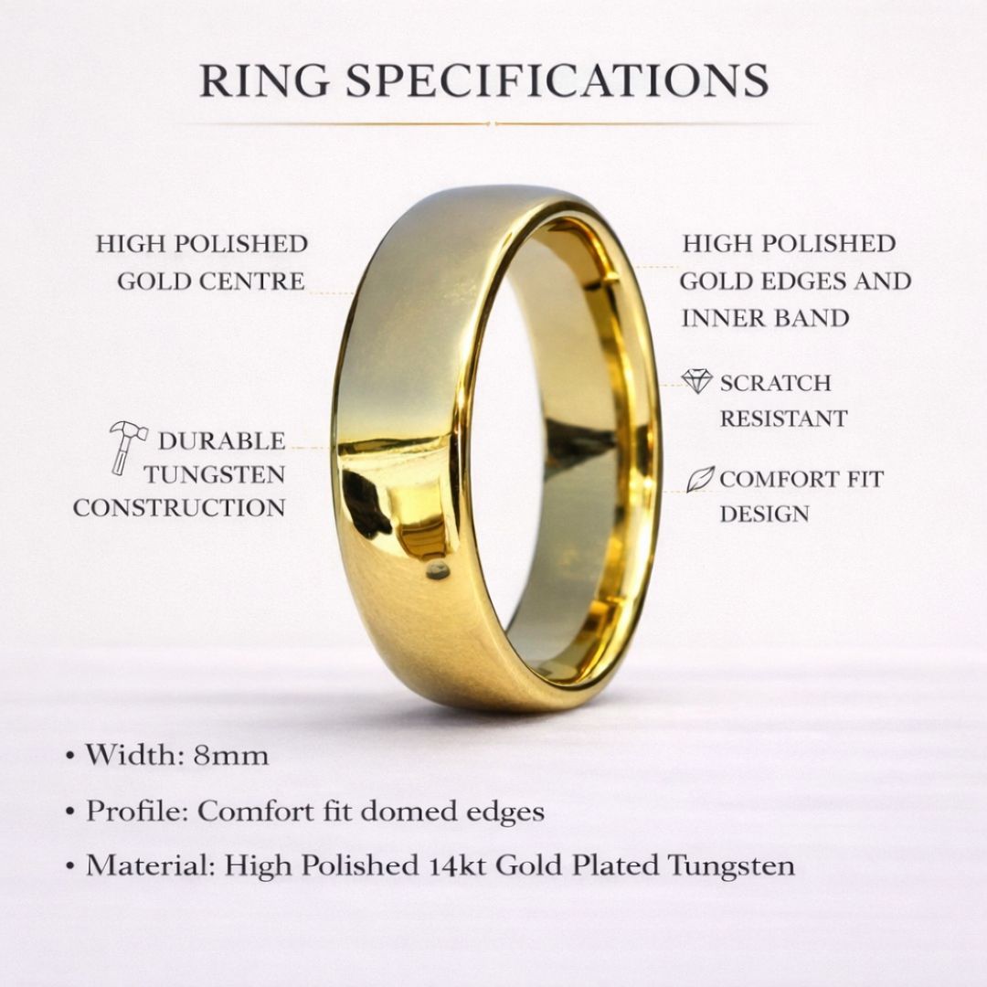 High Polished 8mm Gold Tungsten Ring - Tungsten Titans