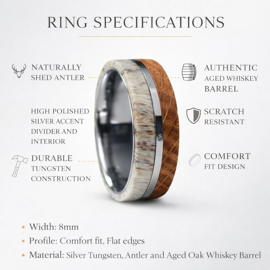 Whiskey Barrel and Deer Antler 8mm Ring with Tungsten Band - Tungsten Titans