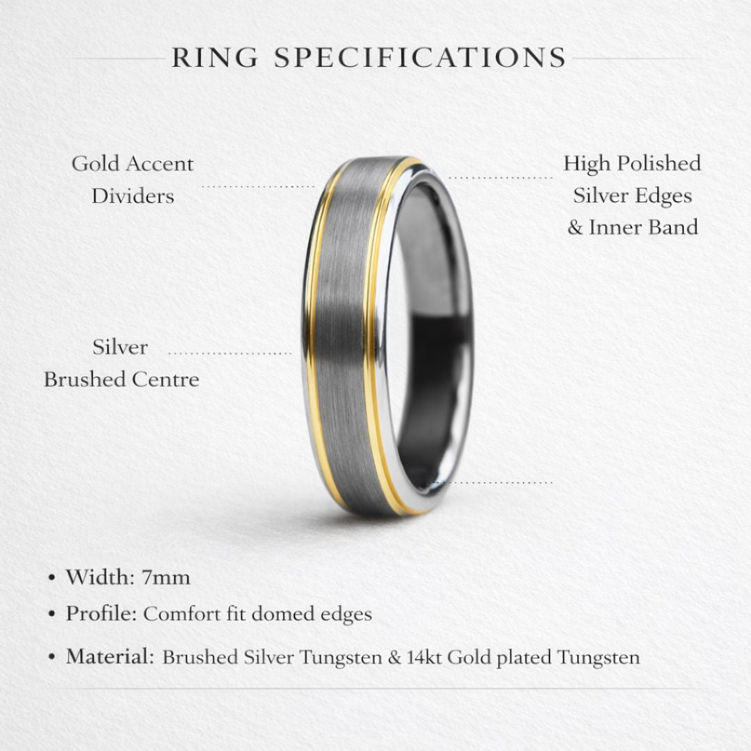 Tungsten 7mm Ring Brushed Silver with Yellow Gold Beveled Edges - Tungsten Titans