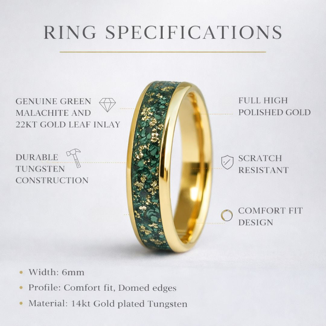 Tungsten 6mm Gold Ring with Malachite & Gold Leaf Inlay - Tungsten Titans