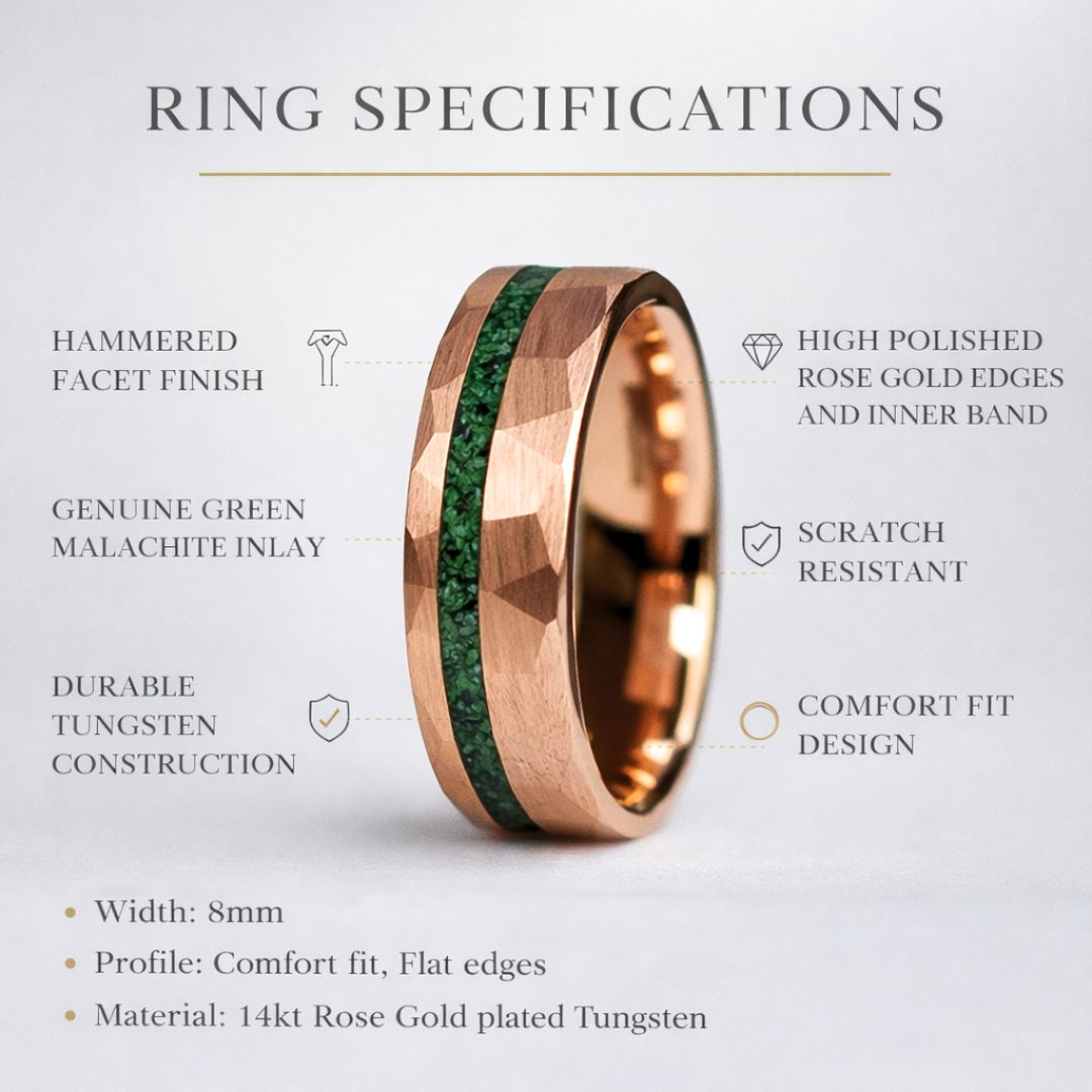 Tungsten 8mm Hammered Rose Gold Ring with Malachite Inlay - Tungsten Titans