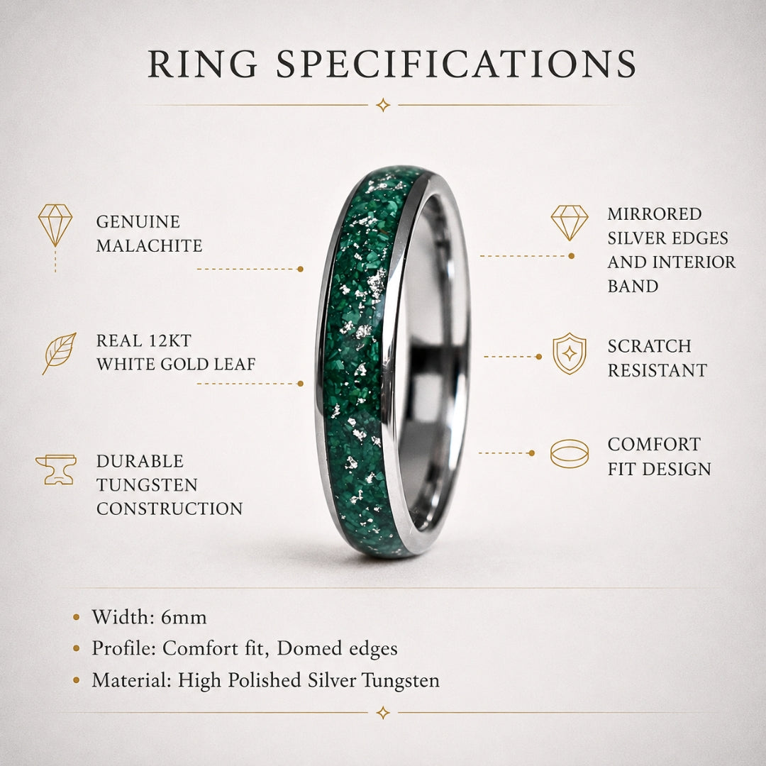 Tungsten 6mm Ring with Malachite & Gold Leaf Inlay