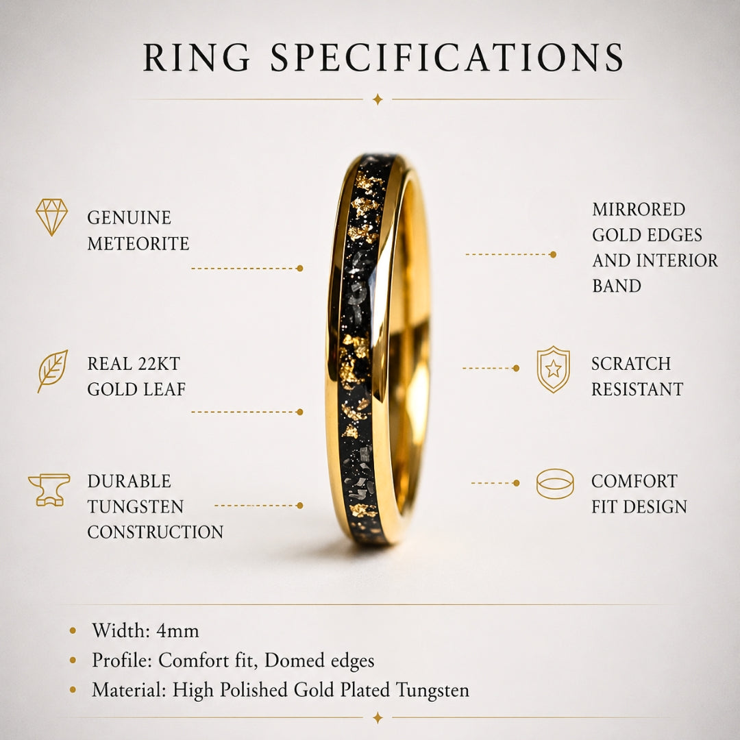 Tungsten 4mm Gold Ring with Meteorite & Gold Leaf Inlay