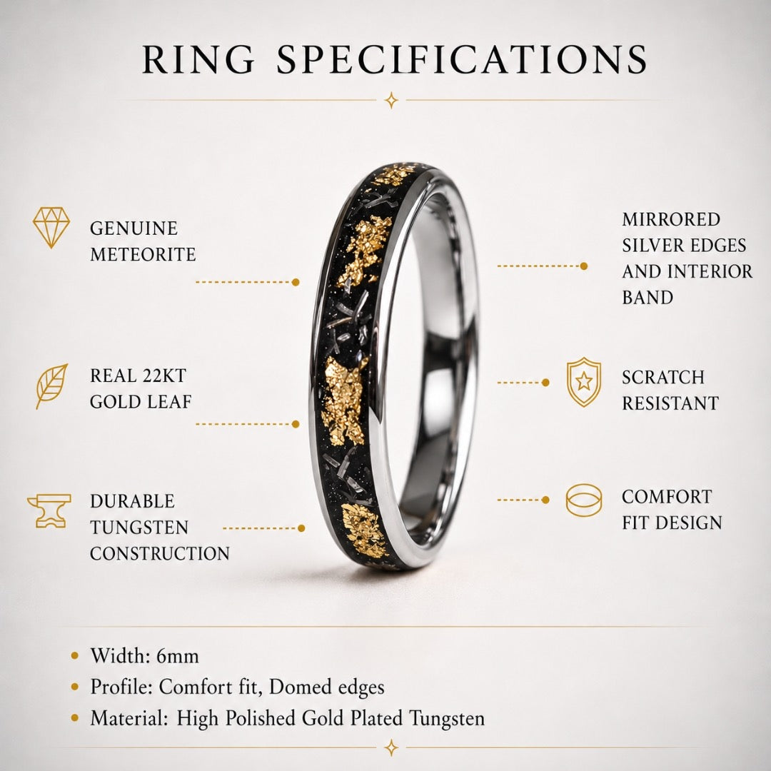 Tungsten 6mm Ring with Meteorite & Gold Leaf Inlay