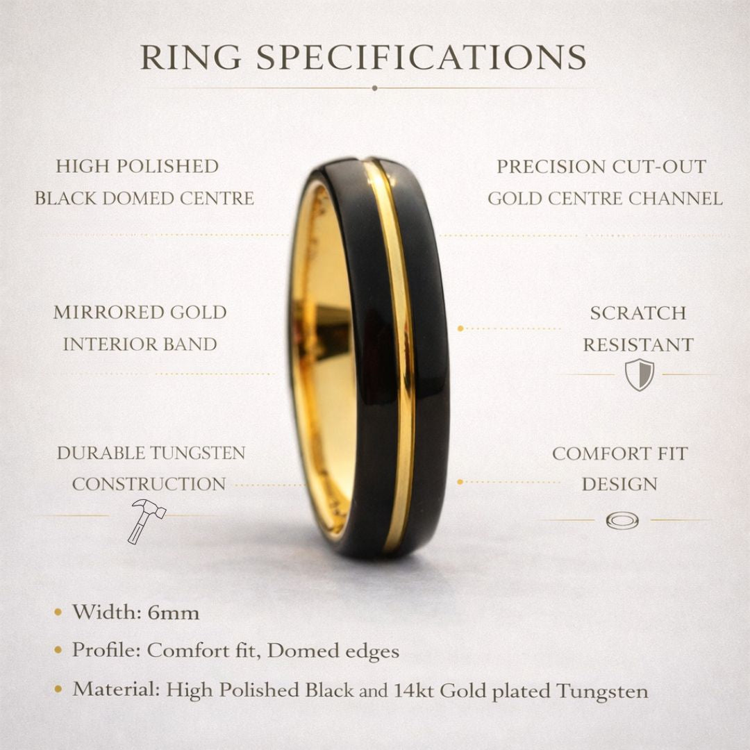 Tungsten 6mm Ring Black with Gold Center Stripe - Tungsten Titans