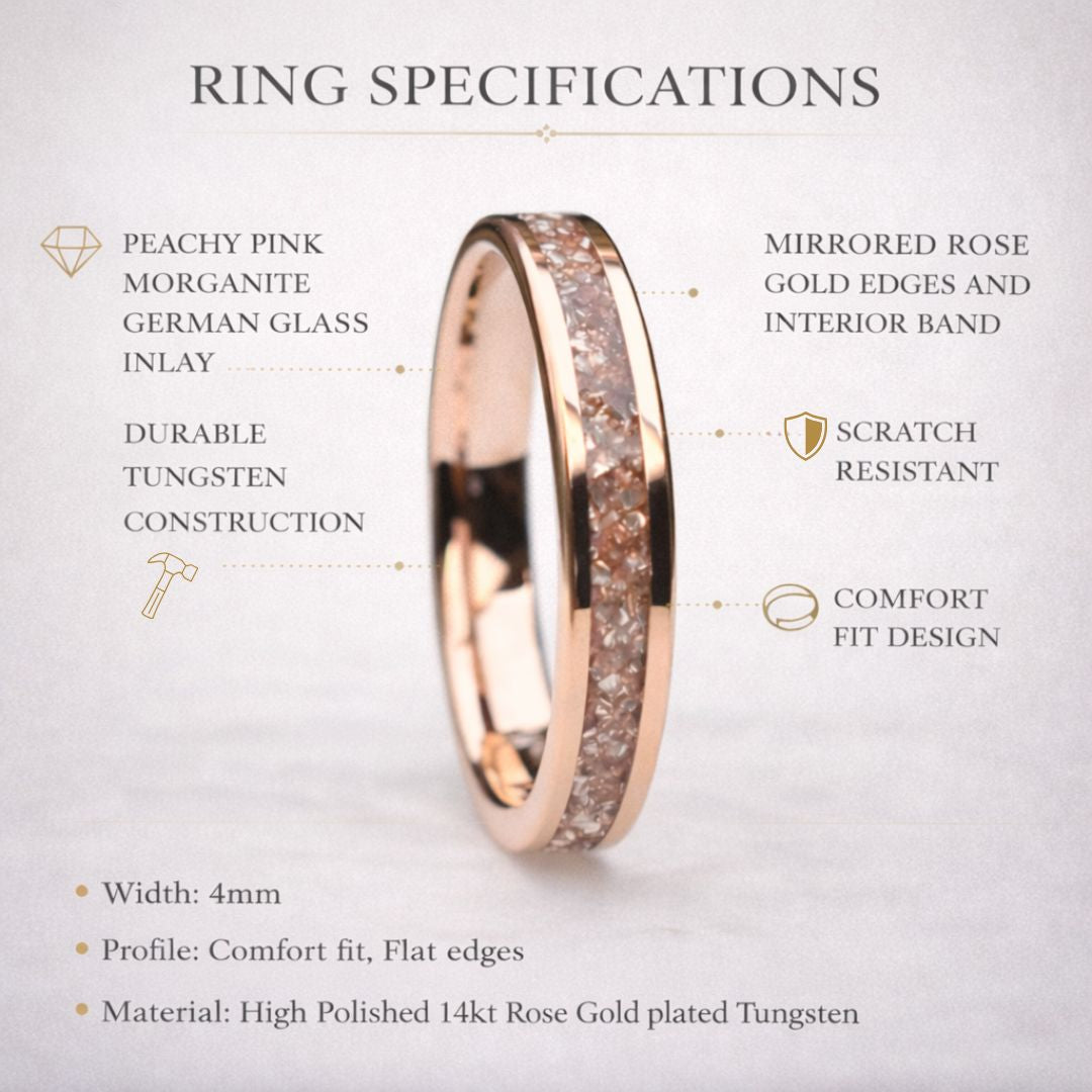 Tungsten 4mm Rose Gold Ring Peachy Pink Morganite German Glass Wedding Band - Tungsten Titans
