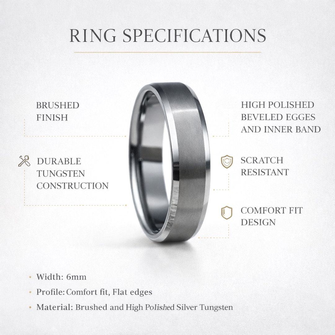 Tungsten Ring 6mm Brushed Silver with Beveled Edge - Tungsten Titans